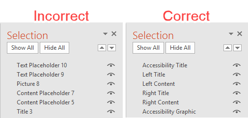 PowerPoint Selection Pane Incorrect versus Correct Reading Order
