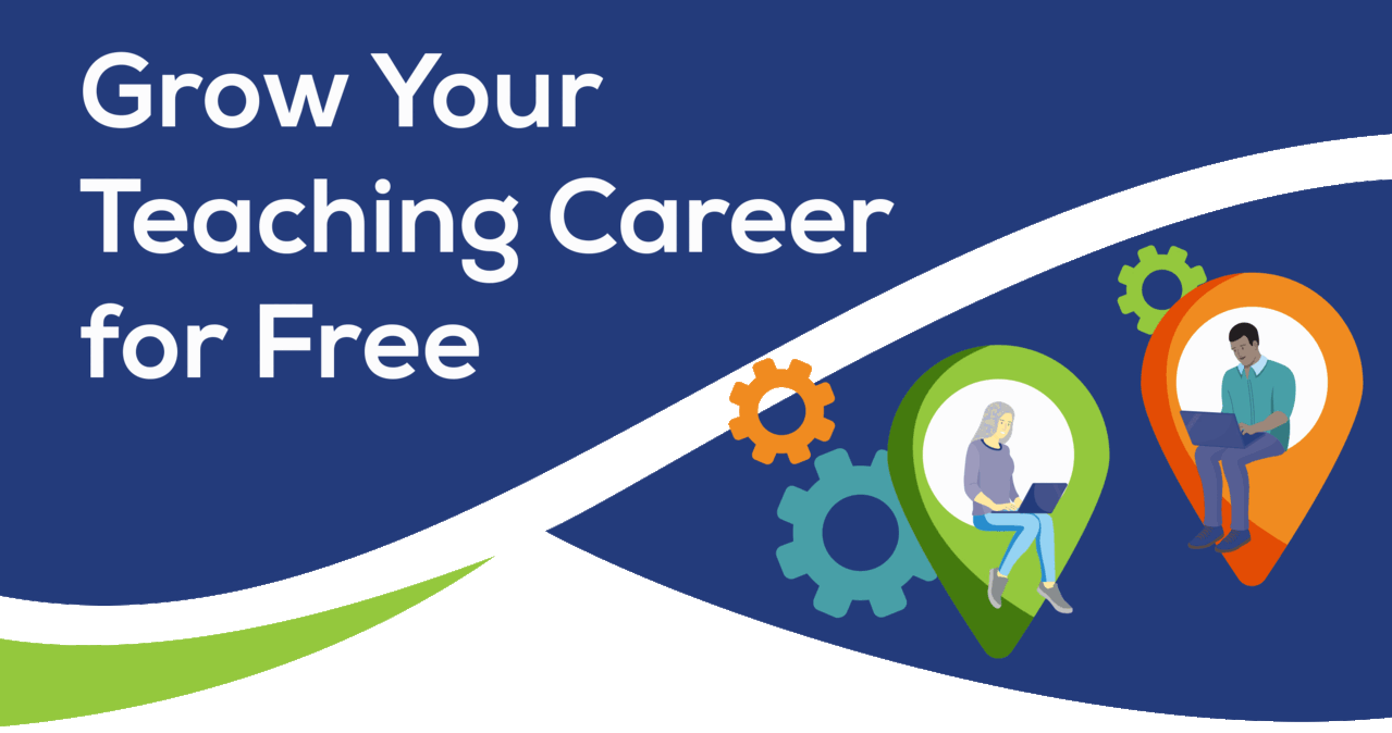 Grow Your Teaching Career for Free, illustration of man and women working on computers sitting in map dots as they find their place